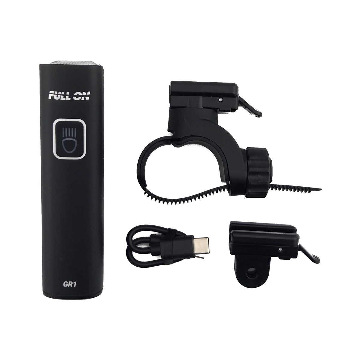 GR1 front bike light with included handlebar mounts and USB-C charging cable