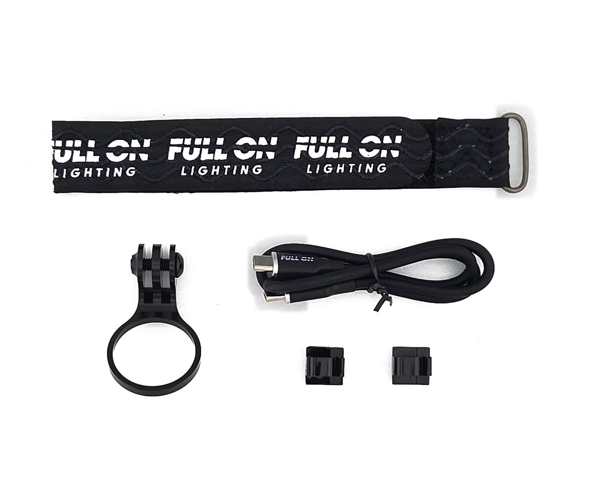 Full On mountain bike mounting kit with battery strap, bike mount, USB-C cable and two cable guides