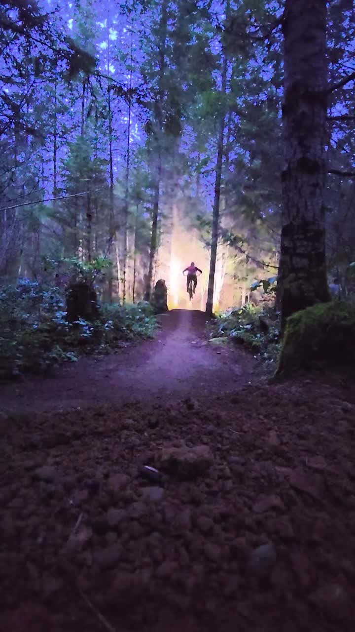 Night trail viewed from the rider's perspective