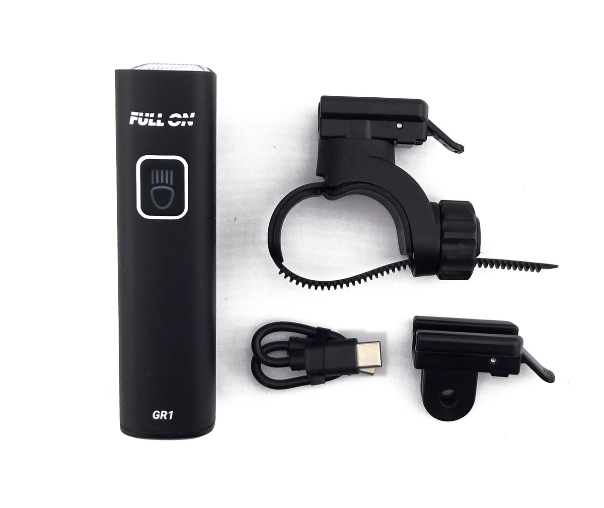 Full On GR1 front bike light with included mounting accessories and USB-C cable