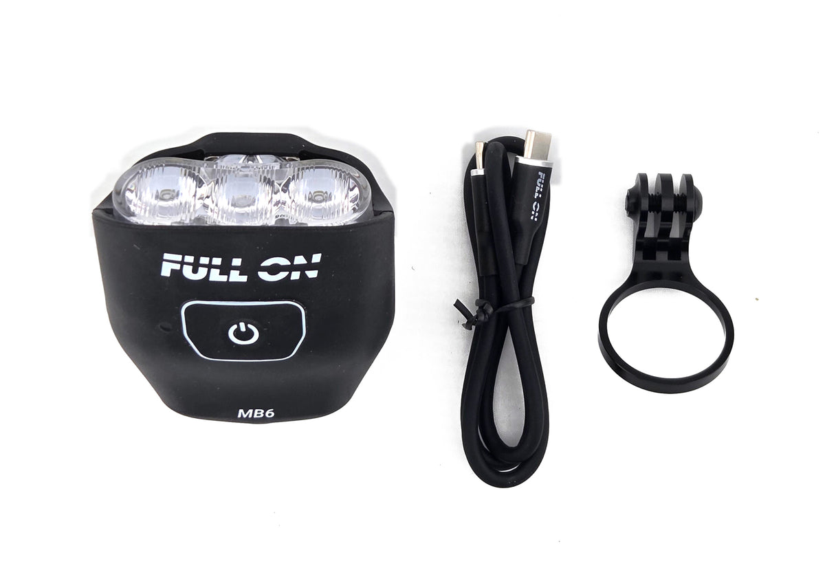 Full On MB6 Avinox light with included USB-C cable and bike mount