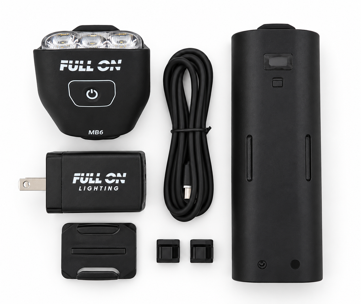MB6 light with battery, USB-C cable, fast charger, helmet mount and two cable guides