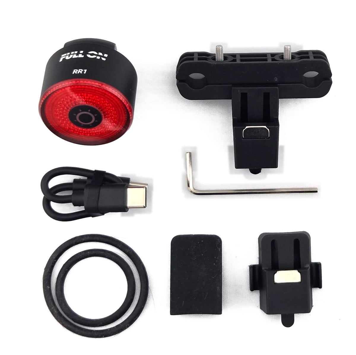 Full On RR1 tail light with included mounts, USB-C cable, mounting bands and hex key
